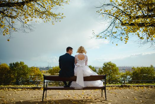 Bride and groom at a photo session in the nature.