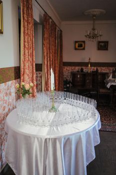 Beautifully decorated wedding table and other details at wedding hall. Wedding day