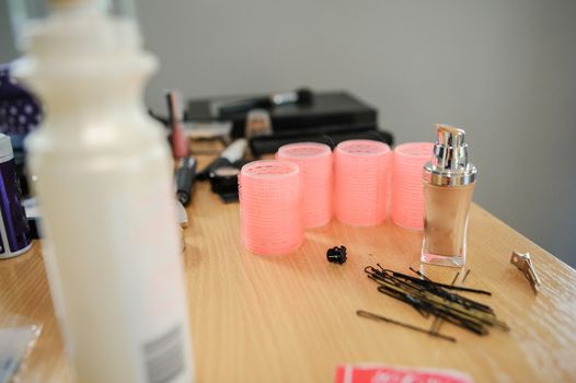 Colorful eyeshadows, accesories. Make up artist professional cosmetics