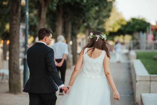 Bride and groom at a photo session in the nature.