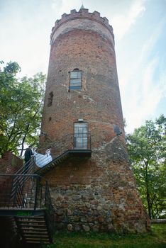 Bride and groom at a photo session in the nature. Old castle tower
