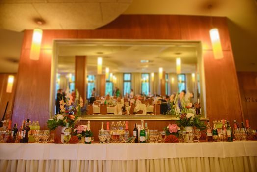 Delicious sweets on candy buffet. Wedding bakes on trays.
