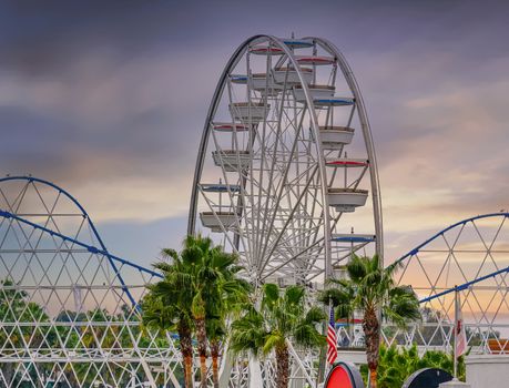Long Beach Ferris Wheel and Roller Coaster in Early Morning Light