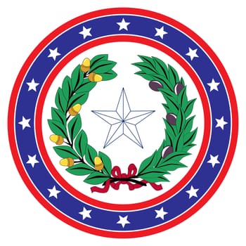 A red white and blue star spangled circle with Texan icon background over a white copy space background