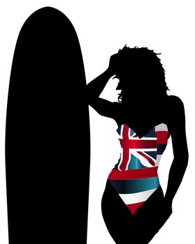 A girl with a surfboard and Hawaii style state flag swimsuit on white