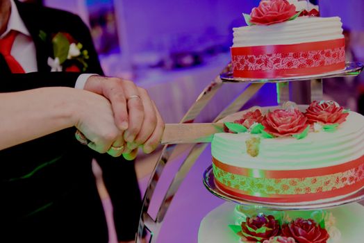 Delicious Wedding Cake at the party. Smoke and fire effects