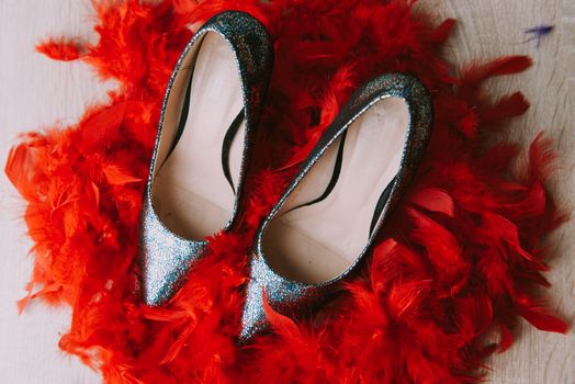 Black high heel women shoes isolated on wooden table
