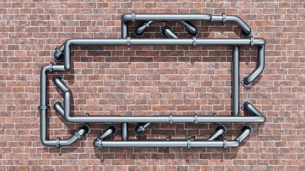 Empty space on a red brick wall is entangled in metal pipes. Daylight 3D illustration. Advertising banner or poster