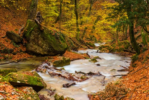 Picturesque autumn gorge with a river running between stones, nature of Crimea, Russia