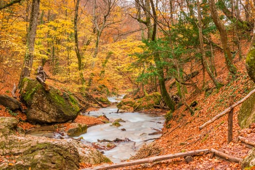 Picturesque mountains, a river in a gorge among boulders, autumnal nature of Crimea, Russia