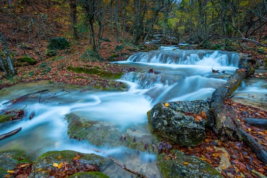 Mountain river flows in the gorge between the stones, mountain rapids, autumn landscape