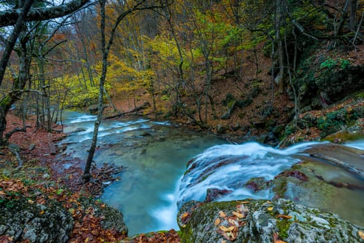 Fast river in the mountains in the forest, autumn landscape, the nature of Russia