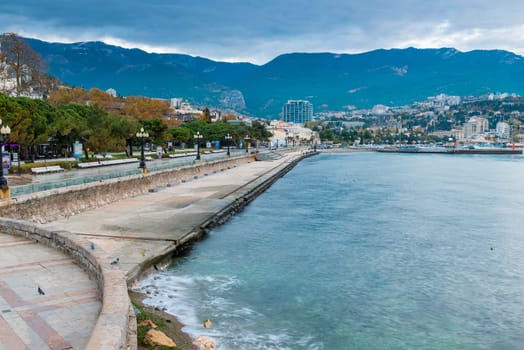View of the city of Yalta and the embankment of the sea, the mountain peninsula of Crimea, Russia