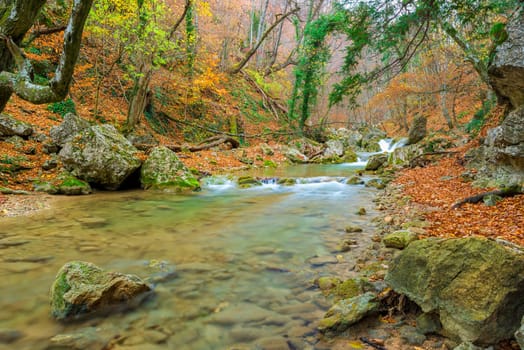 Beautiful autumn landscape, a river flowing into a gorge in the mountains and fallen leaves of trees