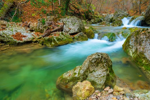 Fast mountain river, water close up, beautiful landscape
