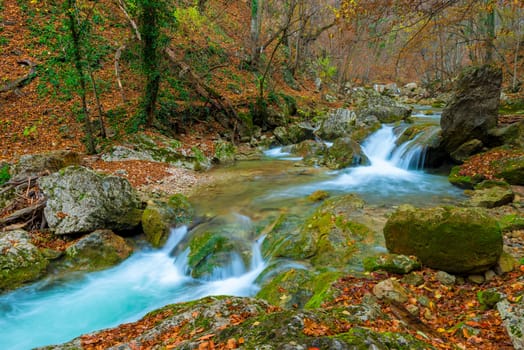 Autumn gorge with fast mountain river, delightful landscape postcard