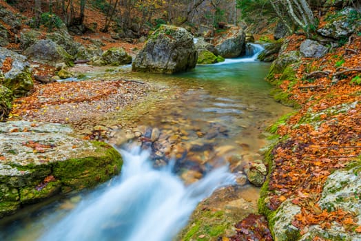 flowing mountain river among big stones in the mountains in autumn, beautiful landscape