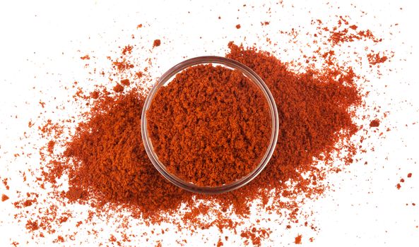 Red paprika powder isolated on white background, top view