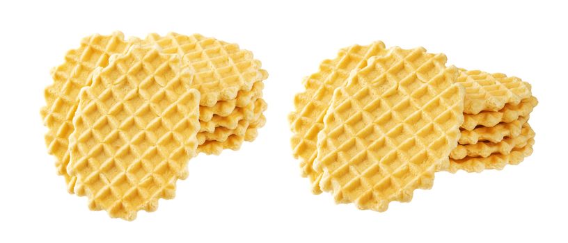 Stack of belgian waffles isolated on white background with clipping path. Collection