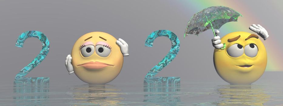 happy new year 2020 with yellow smileys - 3d rendering