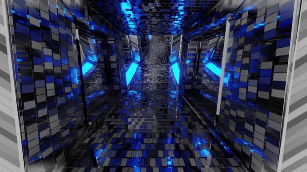 futuristic reflective sci-fi tunnel corridor with glowing lights and bricks texture 3d illustration background wallpaper, moder 3d rendering design,