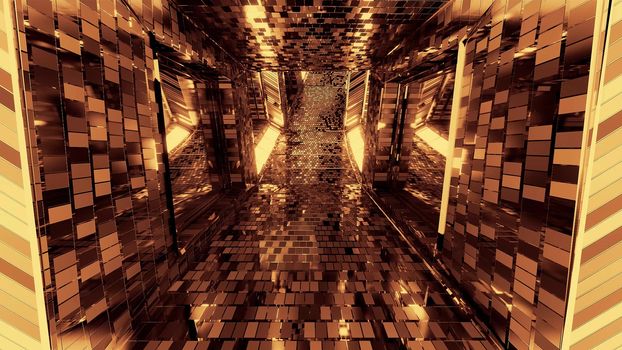 futuristic reflective sci-fi tunnel corridor with glowing lights and bricks texture 3d illustration background wallpaper, moder 3d rendering design,