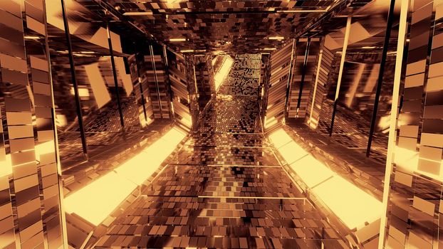 futuristic reflective sci-fi tunnel corridor with glowing lights and bricks texture 3d illustration background wallpaper, moder 3d rendering design,