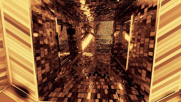 futuristic reflective sci-fi tunnel corridor with glowing lights and bricks texture 3d illustration background wallpaper, moder 3d rendering design,