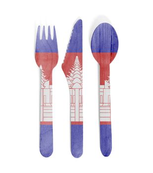 Eco friendly wooden cutlery - Plastic free concept - Isolated - Flag of Cambodia