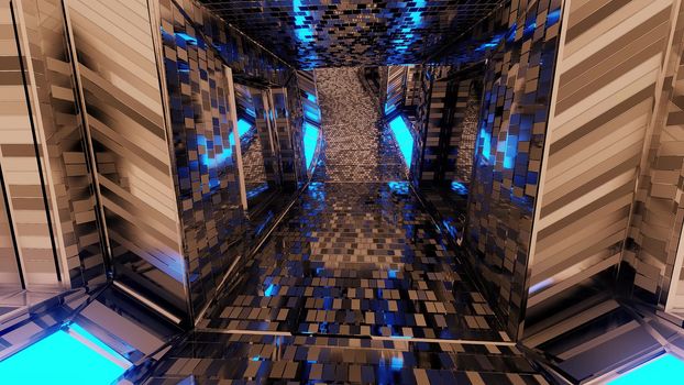 futuristic reflective sci-fi tunnel corridor with glowing lights and bricks texture 3d illustration background wallpaper, moder 3d rendering design,