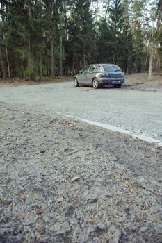 Gray hatchback car parked next to the wood