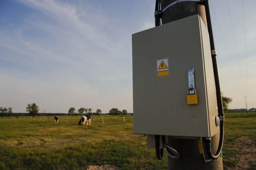 electric cabinet outside in the meadow closed with steel padlock