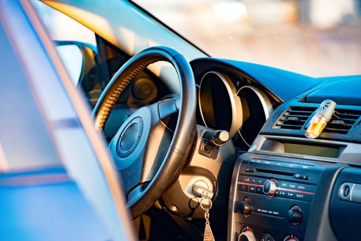 Interior view of car focus on the steering wheel