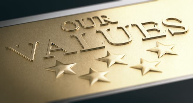 3D illustration of a golden sign with five stars and the text our values.