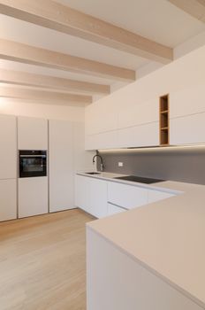 Modern and elegant kitchen interior with white cabinets, induction hob and wooden inserts. Contemporary Scandinavian style