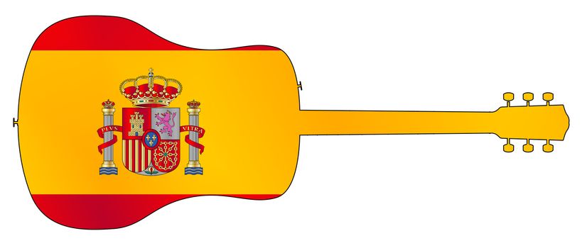 A typical acoustic guitar silhouette isolated over a white background with a Spanish flag