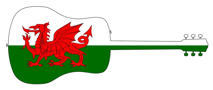 A typical acoustic guitar silhouette isolated over a white background with a Wales flag