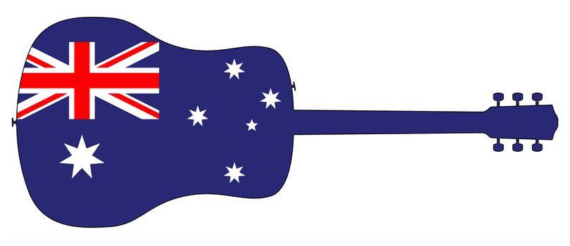 A typical acoustic guitar silhouette isolated over a white background with a Australia flag