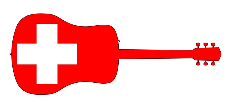 A typical acoustic guitar silhouette isolated over a white background with a Switzerland flag