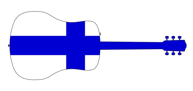 A typical acoustic guitar silhouette isolated over a white background with a Finland flag