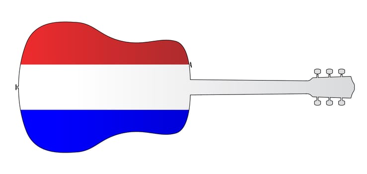 A typical acoustic guitar silhouette isolated over a white background with a Netherlands flag