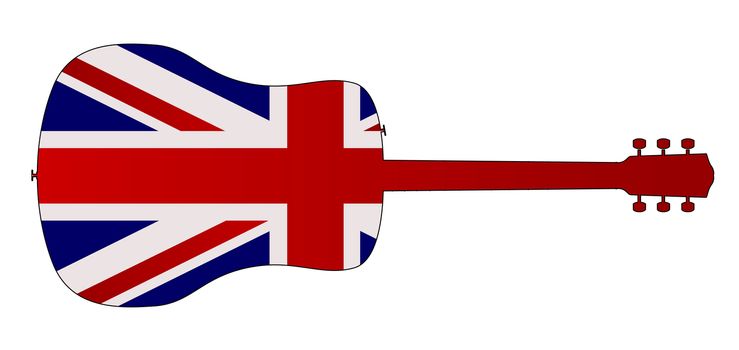 A typical acoustic guitar silhouette isolated over a white background with a United Kingdom flag