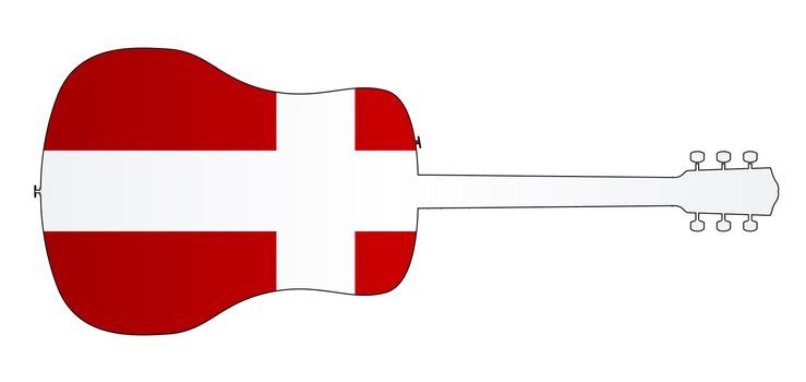 A typical acoustic guitar silhouette isolated over a white background with a Denmark flag