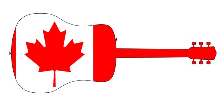 A typical acoustic guitar silhouette isolated over a white background with a Canada flag