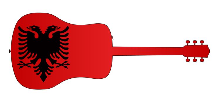 A typical acoustic guitar silhouette isolated over a white background with a Albanian flag