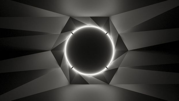 Abstract geometry lit by a neon white circle lamp. Soft shadows. 3D illustration. The vanishing point of the wall geometry in the center of the image on the circle