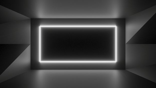 Abstract geometry lit by a neon white rectangle lamp. Soft shadows. 3D illustration. The vanishing point of the wall geometry in the center of the image on the rectangle