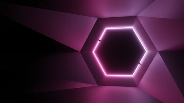 Abstract geometry lit by a neon magenta hexagonal lamp. Soft shadows. 3D illustration. The vanishing point of the wall geometry in the center of the image on the hex. Empty advertising space