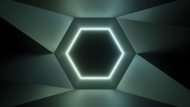 Abstract geometry lit by a neon green hexagonal lamp. Soft shadows. 3D illustration. The vanishing point of the wall geometry in the center of the image on the hex. Empty advertising space