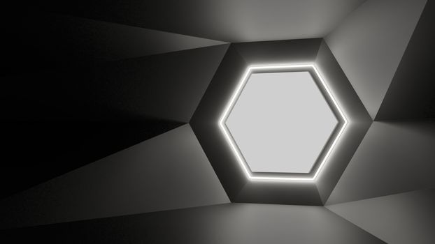 Abstract geometry lit by a neon white hexagonal lamp. Soft shadows. 3D illustration. The vanishing point of the wall geometry in the center of the image on the hex. Empty advertising space